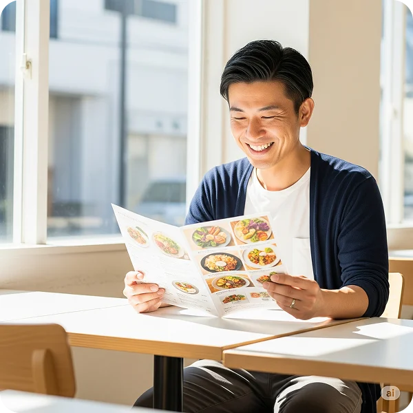 Homem feliz vendo o cardápio
