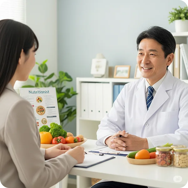 Consulta entre os paciente e nutricionista em uma mesa