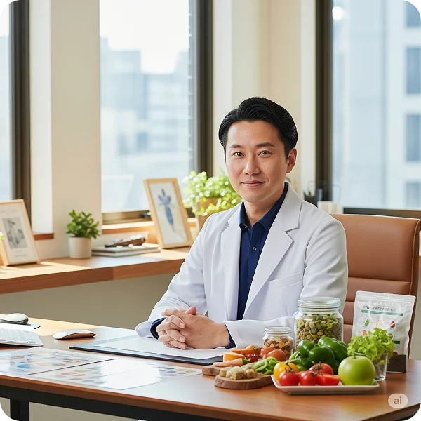 Nutricionista sentado na mesa do consultório