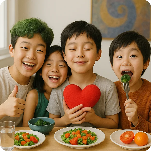 Crianças felizes comendo uma refeição saudável juntas