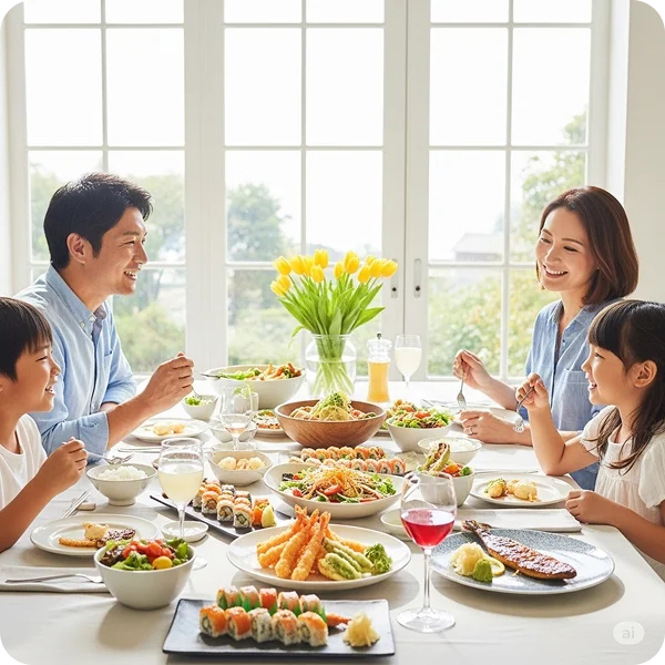 Família feliz unida comendo no almoço