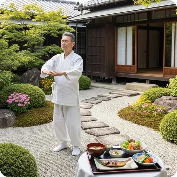 Homem meditando no lado de fora da casa.